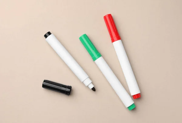 Bright Color Markers Beige Background Flat Lay — Photo