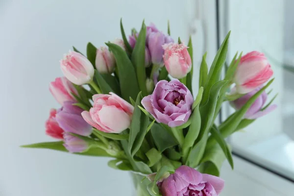 stock image Beautiful bouquet of colorful tulip flowers indoors, closeup