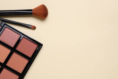 Bej arka planda fırçaları olan renkli bir palet. Metin için boşluk