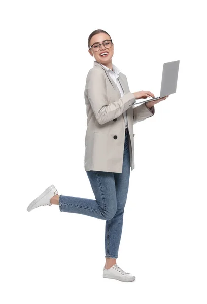 Happy Woman Laptop White Background — Stock Photo, Image