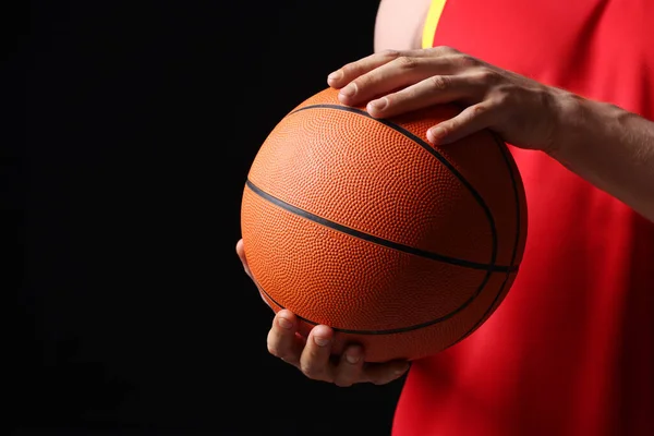 Athletic Man Basketball Ball Black Background Closeup Space Text — Stock Fotó
