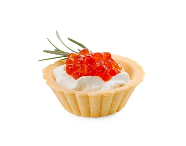 stock image Delicious tartlet with red caviar and cream cheese on white background