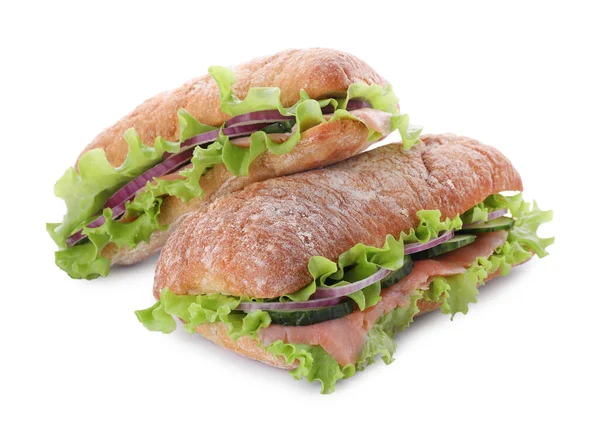 Смачні Бутерброди Свіжими Овочами Лососем Ізольовані Білому — стокове фото