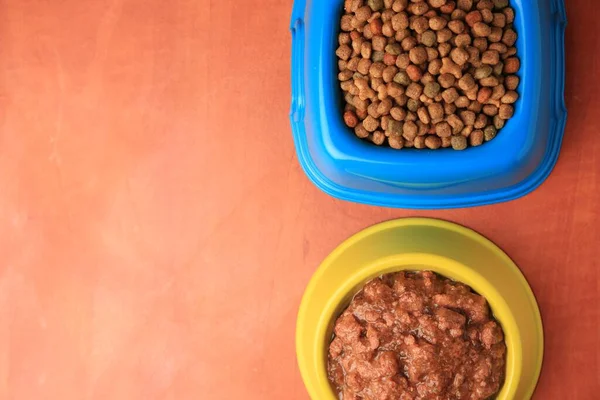 Alimento Seco Húmedo Para Mascotas Tazones Alimentación Sobre Fondo Naranja — Foto de Stock