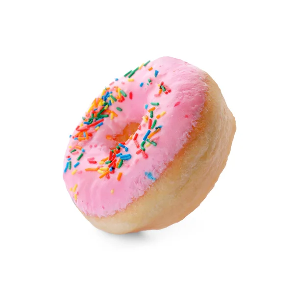 Saboroso Donut Envidraçado Decorado Com Polvilhas Sobre Fundo Branco — Fotografia de Stock