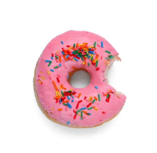 Doce Mordido Donut Vidrado Fundo Branco Vista Superior — Fotografia de Stock