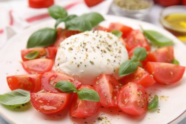 Beyaz tabakta mozarella, domates ve fesleğenli Caprese salatası.