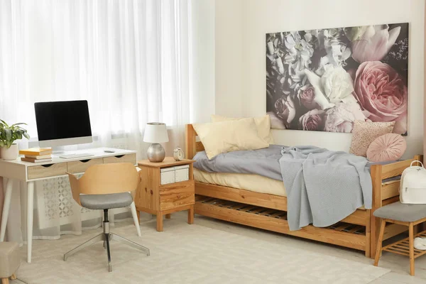 Stylish Teenager Room Interior Computer Comfortable Bed — Stock Photo, Image