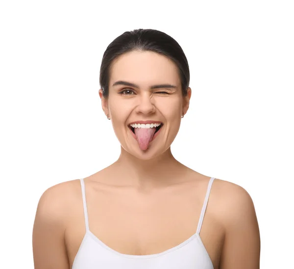 Happy Young Woman Showing Her Tongue White Background — Stock Photo, Image