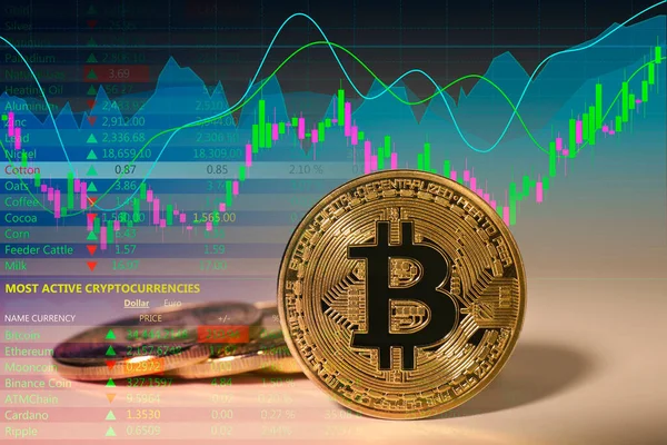 Bitcoins Und Handelsinformationen Grafiken Und Daten Doppelbelichtung — Stockfoto