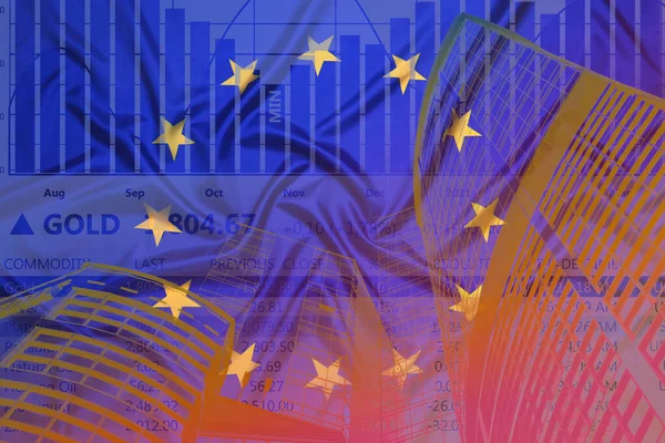 Stock exchange. Multiple exposure with European flag, buildings, trading data and graph