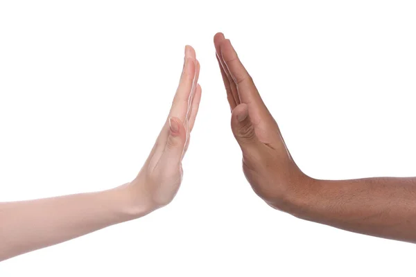 International Relationships People Giving High Five White Background Closeup — Stock Photo, Image