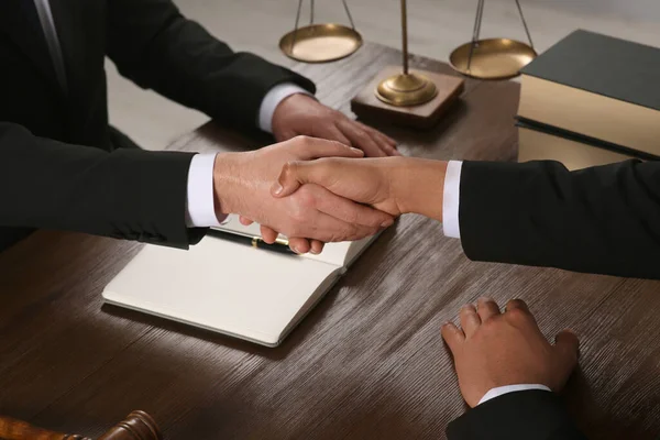 Law Justice Notary Client Shaking Hands Wooden Table Closeup —  Fotos de Stock