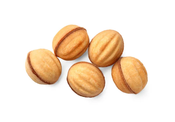 Delicious Nut Shaped Cookies Condensed Milk White Background Top View — Stock Photo, Image