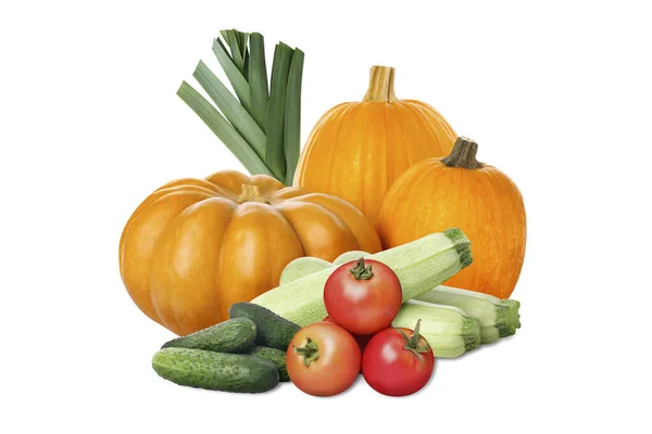 Viele Verschiedene Frische Gemüsesorten Und Porree Auf Weißem Hintergrund — Stockfoto