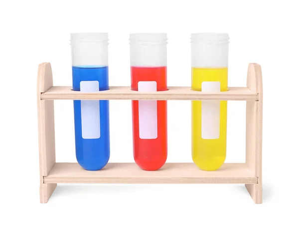 Test Tubes Colorful Liquids Wooden Stand Isolated White Kids Chemical — Stock Photo, Image