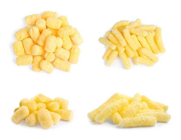 Piles Tasty Corn Sticks White Background Collage Design — Stock Photo, Image