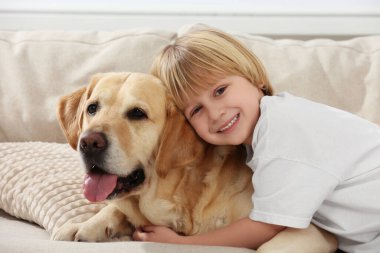 Evinde kanepesinde Golden Retriever olan sevimli küçük bir çocuk. Sevimli hayvan.