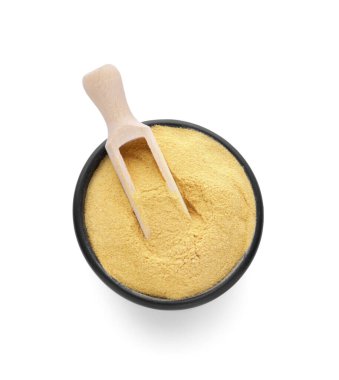 Bira mayası tozu ve kaptaki kepçe beyaz, üst manzara