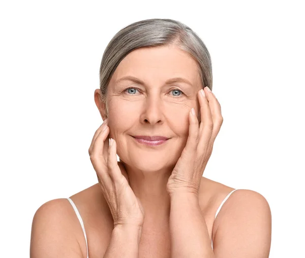 Ritratto Donna Anziana Con Pelle Invecchiata Sfondo Bianco Trattamento Ringiovanimento — Foto Stock