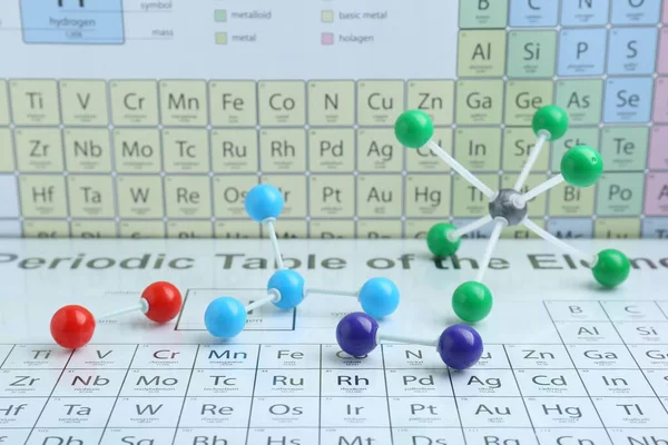 Molekuláris Modellek Kémiai Elemek Periódusos Tábláján — Stock Fotó
