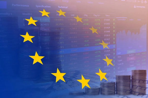 Stock exchange. Multiple exposure with European flag, coins, trading data and graph
