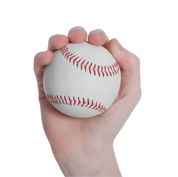 Pojke Med Baseball Boll Vit Bakgrund Närbild — Stockfoto