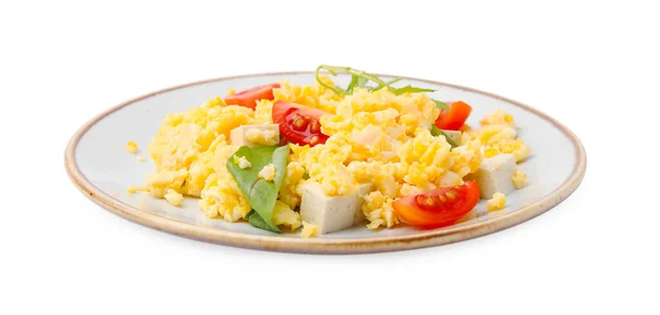 Placa Deliciosos Huevos Revueltos Con Tofu Tomates Aislados Blanco — Foto de Stock