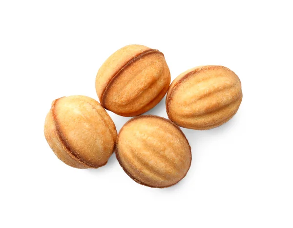Lahodné Ořechové Sušenky Kondenzovaným Mlékem Bílém Pozadí Horní Pohled — Stock fotografie