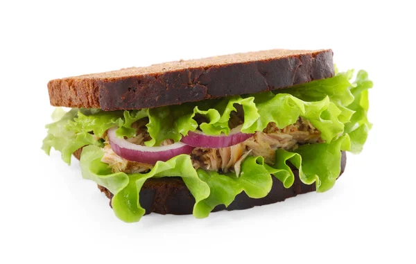 Läcker Smörgås Med Tonfisk Och Grönsaker Vit Bakgrund — Stockfoto