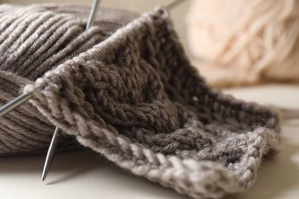 Knitting Soft Yarn Needles Beige Background Closeup — Stock Photo, Image