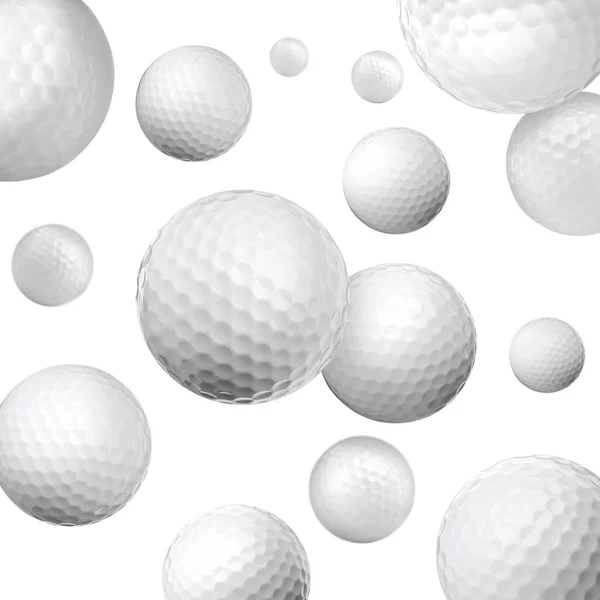 Viele Golfbälle Fallen Auf Weißem Hintergrund — Stockfoto