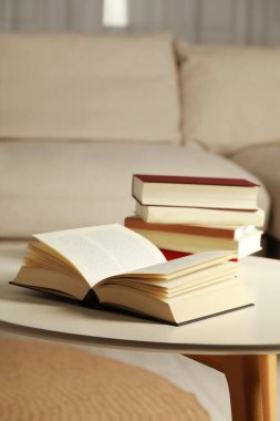 İçerideki beyaz masa üzerine birçok farklı kitap.