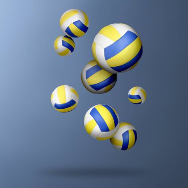 Birçok voleybol topu çelik mavi eğimli zemine düşüyor