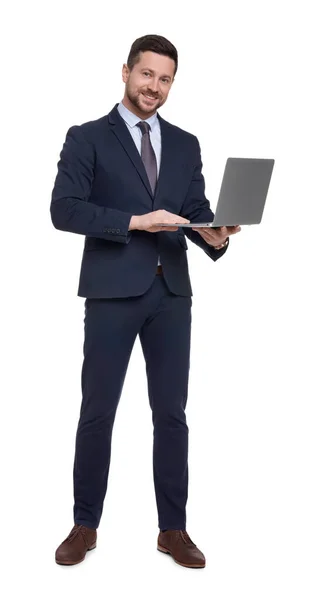 Bello Uomo Affari Barbuto Giacca Cravatta Con Laptop Sfondo Bianco — Foto Stock