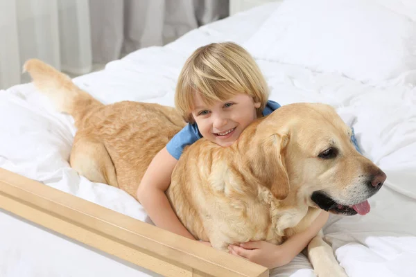 Criança Bonita Com Golden Retriever Cama Adorável Animal Estimação — Fotografia de Stock