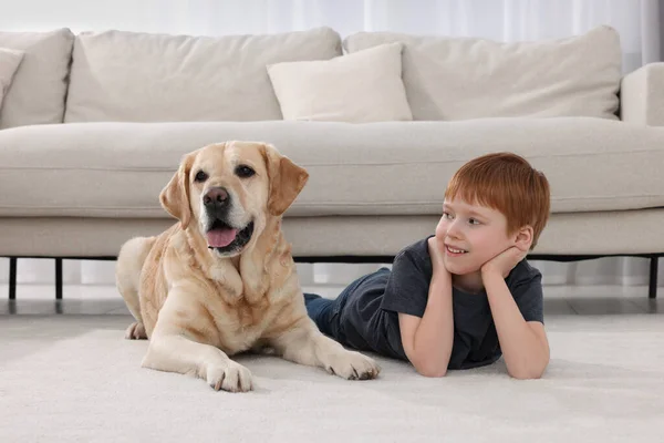 Cute Child His Labrador Retriever Floor Home Adorable Pet — Stock Photo, Image