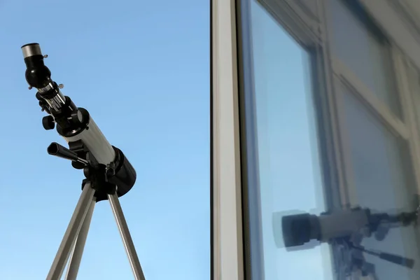 Tripod Modern Telescope Open Window Indoors Low Angle View Space — Stockfoto