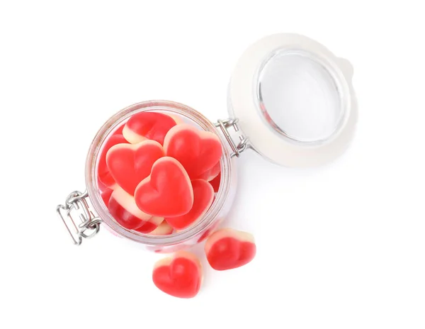 Marmeladengläser Und Süße Herzförmige Bonbons Auf Weißem Hintergrund Draufsicht — Stockfoto