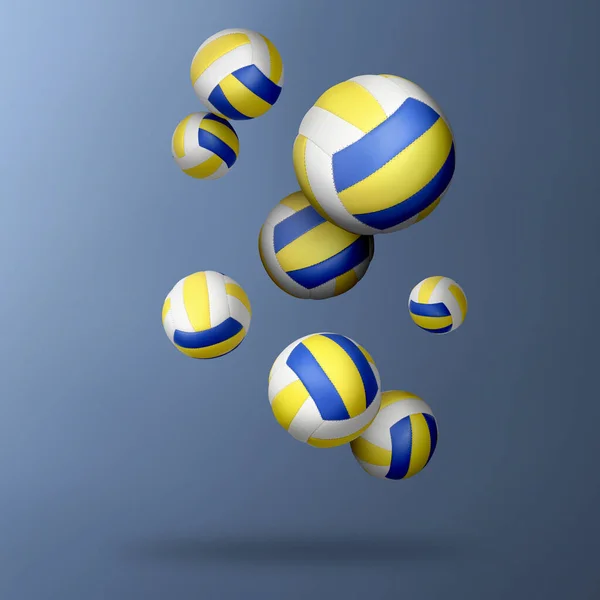 Veel Volleybal Ballen Vallen Staal Blauwe Gradiënt Achtergrond — Stockfoto