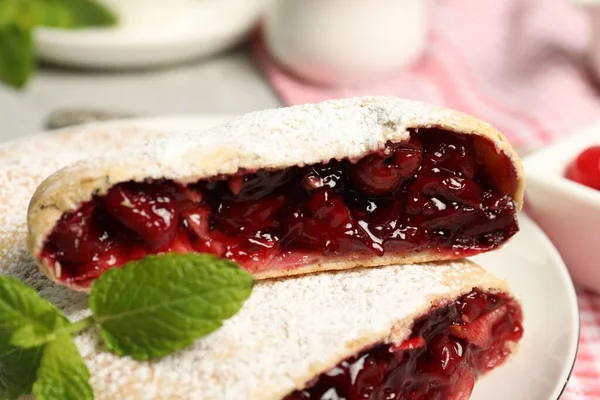 stock image Delicious strudel with cherries, powdered sugar and mint on plate, closeup