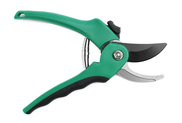Secateurs Green Handles Isolated White Top View Gardening Tool — Stock Photo, Image