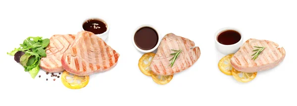 Collage Delicious Grilled Tuna Steaks Sauce White Background — Stock Photo, Image