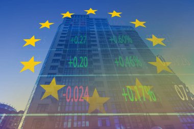 Stock exchange. Multiple exposure with European flag, building and trading data clipart