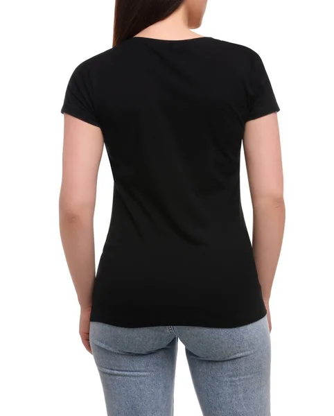 Mujer Con Elegante Camiseta Negra Sobre Fondo Blanco Primer Plano —  Fotos de Stock