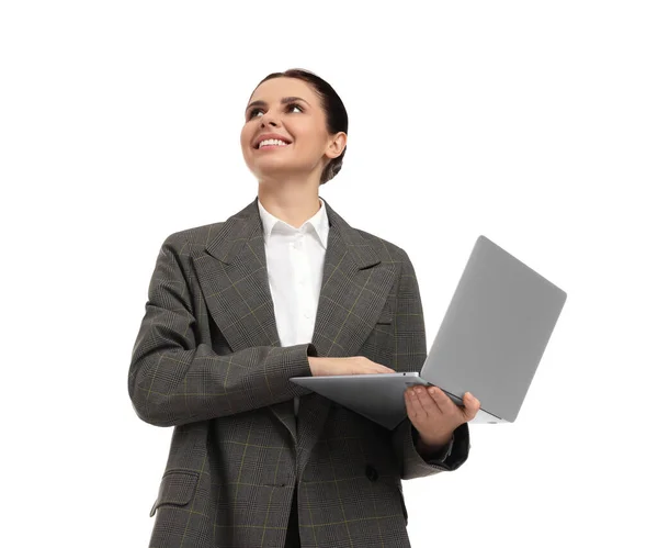 Gyönyörű Üzletasszony Laptop Fehér Háttér Alacsony Látószögű Nézet — Stock Fotó