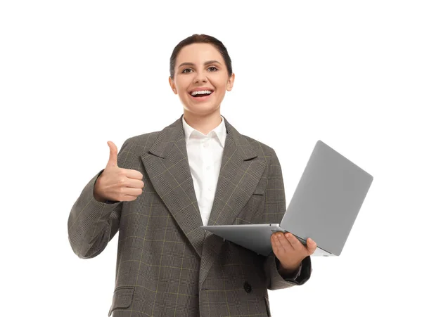 Счастливая Бизнесвумен Ноутбуком Показывающим Большие Пальцы Белом Фоне — стоковое фото