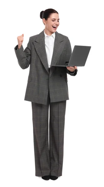 Schöne Emotionale Geschäftsfrau Mit Laptop Auf Weißem Hintergrund — Stockfoto