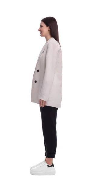Mladá Podnikatelka Obleku Stojící Bílém Pozadí — Stock fotografie