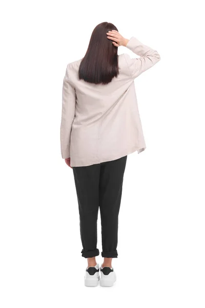 Beyaz Arka Planda Takım Elbiseli Bir Kadını — Stok fotoğraf